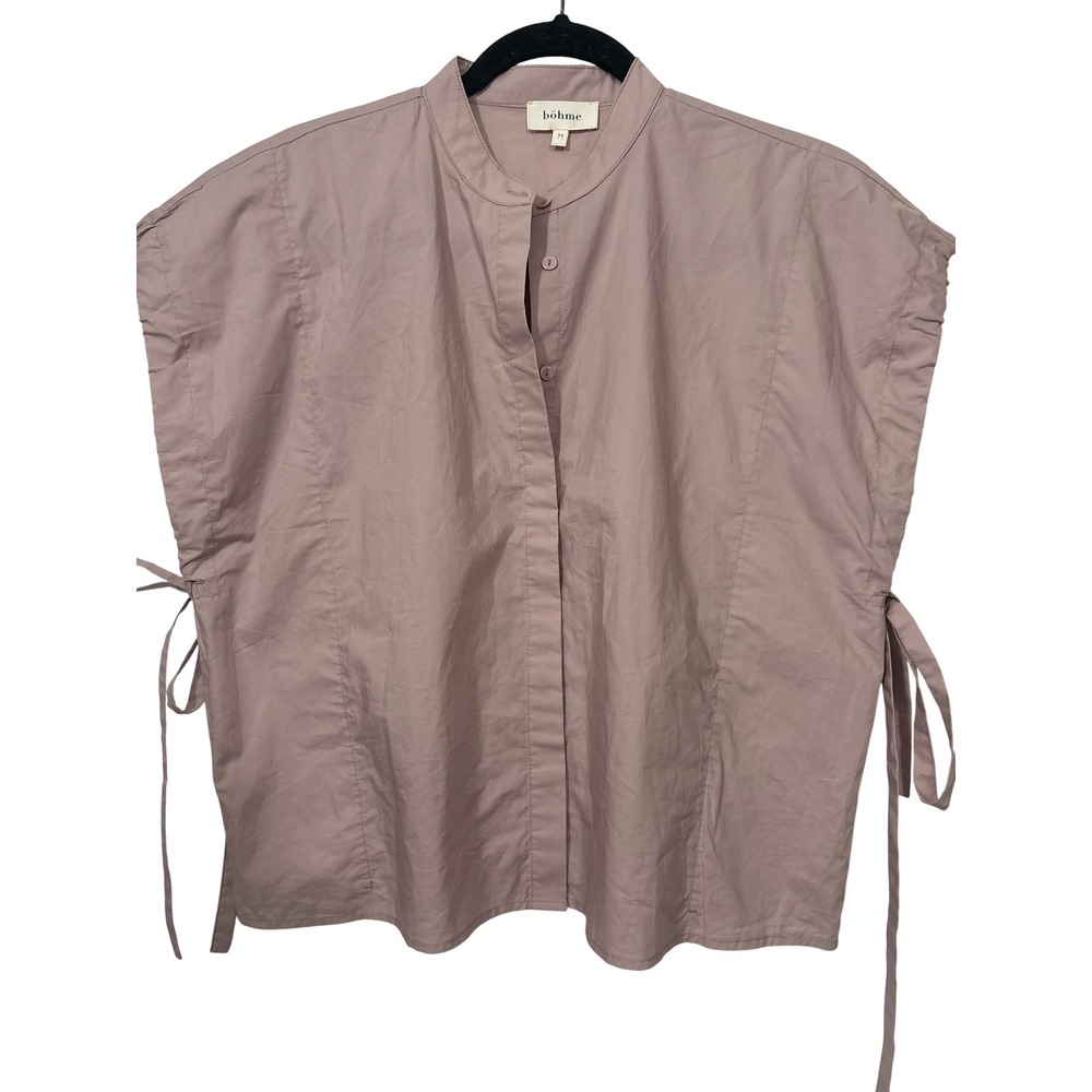 Böhme Top Women Size M Mauve Cotton Poplin Ruched Drawstring Cap Sleeve Blouse